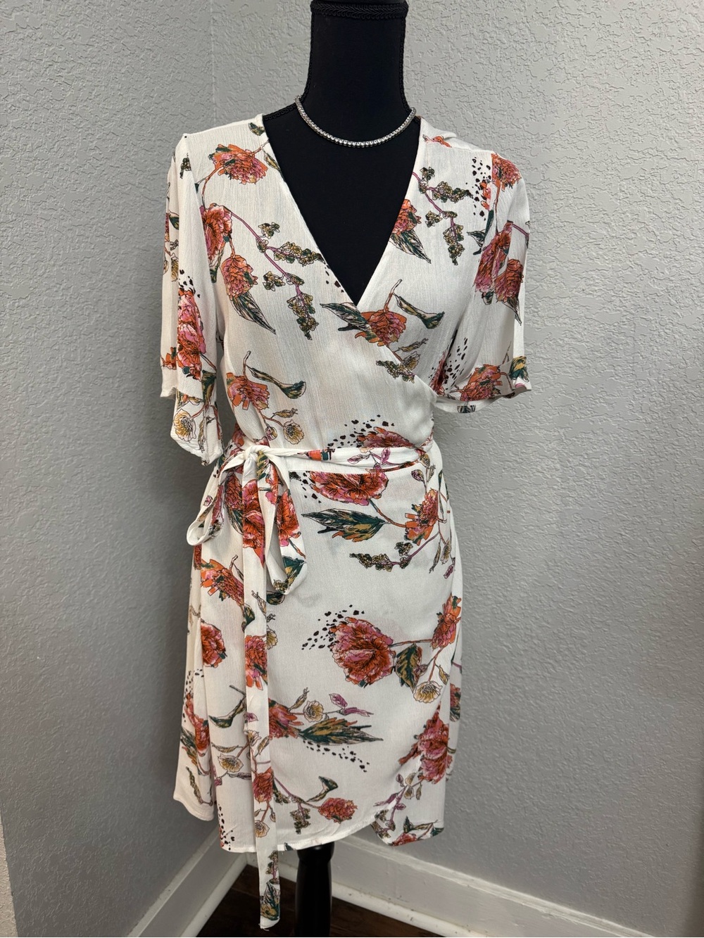 O'Neill Cream Wrap Dress with Pink and Green Floral Print